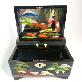 Vintage 1960s Japanese Musical Jewelry Box Black Lacquer Plays