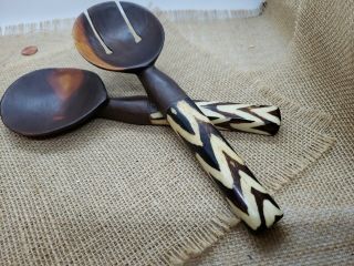 Hand Made Salad Server Spoon African Carved Wood & Painted Bovine Bone Set 9.  5 "