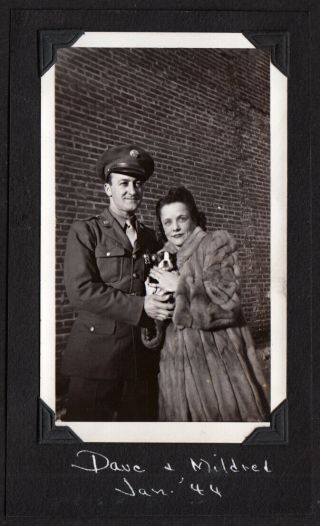 Army Man & Fur Coat Woman W Boston Terrier Puppy Dog 1944 Vintage Photo