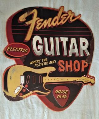 " Fender Guitar Shop " Electric Large Sign Metal Embossed - Pick Shaped -