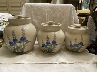 Vtg Paul Storie Pottery Stoneware Canister Set Blue & Cream Barn Marshall Texas