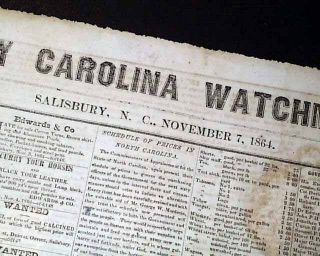 Very Rare Salisbury Nc North Carolina Confederate Civil War 1864 Old Newspaper
