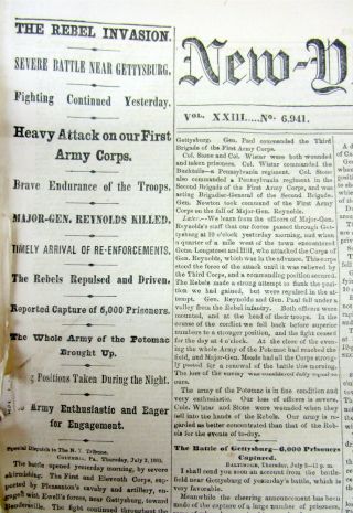 7 - 3 - 1863 Ny Tribune Civil War Headline Display Newspaper W Battle Of Gettysburg