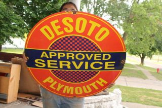 Large Desoto Plymouth Car Approved Service Gas Oil 29 " Porcelain Metal Sign
