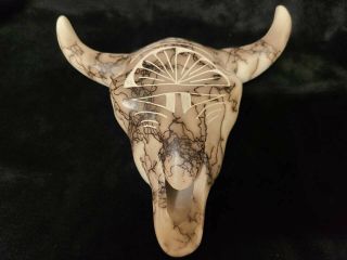 Native American Navajo Hand Etched Handmade Horse Hair Steer Skull - Tom Vail