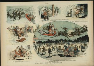 Santa Claus Christmas Humor Dangers Modern Life 1896 Color Lithograph Print