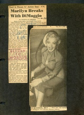 7 Newspaper Clippings On Marilyn Monroe,  Nov.  - Dec.  1952 1 Mm Breaks With Dimaggio