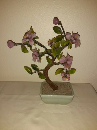 Vintage Glass Jade Bonsai Tree Pink Flowers In A Celadon Planter