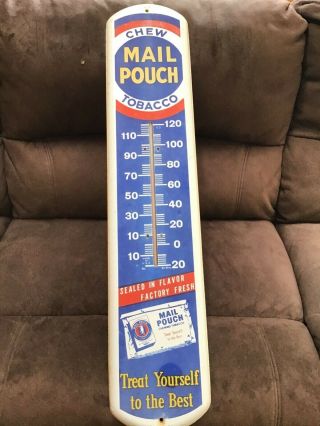Vintage Chew Mail Pouch Tobacco Metal Advertising Thermometer 39 " X 8 "
