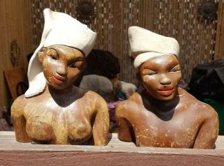 Vintage Wooden African Statues Busts Man And Woman 8 "