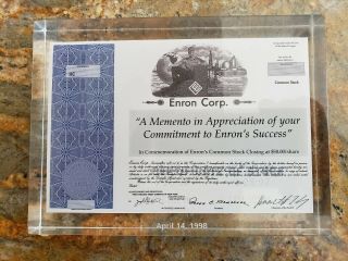Enron Stock Certificate Lucite Momento: April 14,  1998 - Priced To Sell