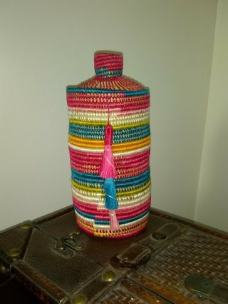 Colorful Coil Woven Basket With Lid Made In Rwanda