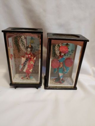 2 Vintage Japanese Geisha Doll 6in Tall Lacquer In Glass Cases