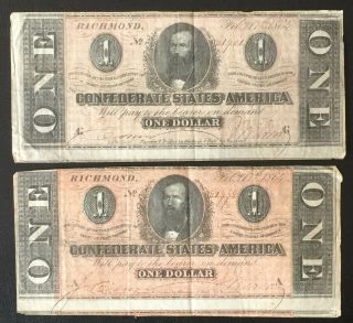 Civil War Era Confederate Currency - 2 - One Dollar Bills Richmond Issue
