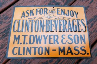 Antique Embossed Clinton Beverages Sign Clinton Mass Rare Soda Advertising