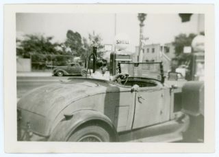 Vintage 1943 Snapshot Photo 1930s Rumble Seat Roadster Gas Station Shell Globes
