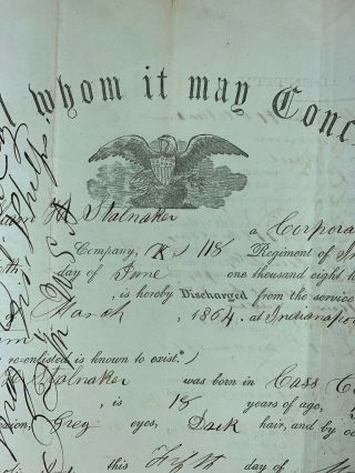 1864 Civil War Discharge Document 118 Regiment Indiana 2