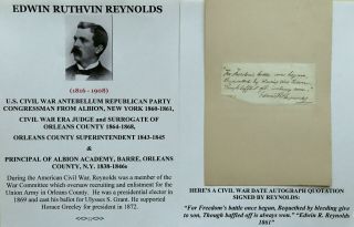 Civil War Era Congressman Albion Ny Judge Reynolds Autograph Quotation Signed Vf