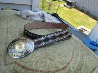 Vintage Southwestern Lgatone 2685 Leather Belt Snake Skin Tone W/ Big Nra Buck