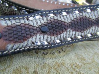 Vintage Southwestern Lgatone 2685 Leather Belt Snake Skin Tone W/ Big NRA Buck 3