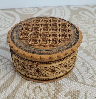 Russian Birch Box Forest Carved Hand Crafted Round Wood Jewelry Trinket Stash