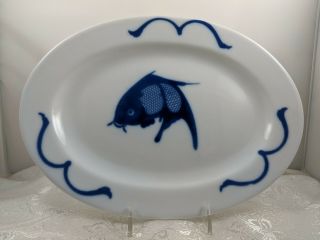 Asian Porcelain Blue White Koi Carp Fish Small Oval Dinner Plate Serving Platter