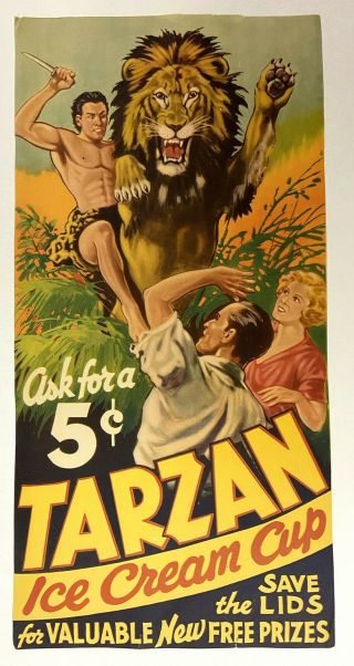 Tarzan Ice Cream Cups - Rare & 1930s Advertising Store Display Poster