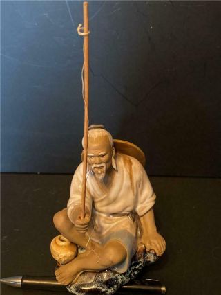 Vintage Mudman Chinese Figurine Man Sitting On Rock Fishing Missing Fish On Pole