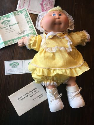 Vintage Cabbage Patch Kids Doll Baby 1985 Blonde Patch Of Hair Blue Eyes