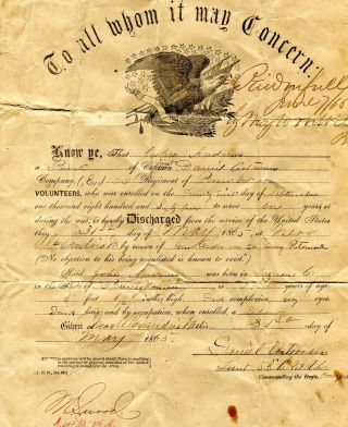 1865 Civil War Discharge Pvt John Andrews Co E 53rd Regt Pa Vol Lt Daniel Artman