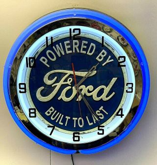 19 " Powered By Ford Built To Last Sign Double Neon Clock Garage Man Cave