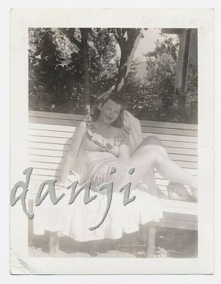 Swimsuit Glamour Girl In High Heel Shoes Sitting On Bench With Legs Up Old Photo