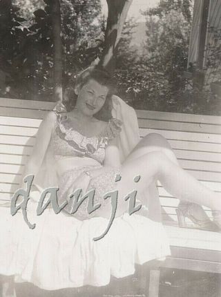 swimsuit GLAMOUR GIRL in HIGH HEEL SHOES sitting on bench with LEGS UP old Photo 2