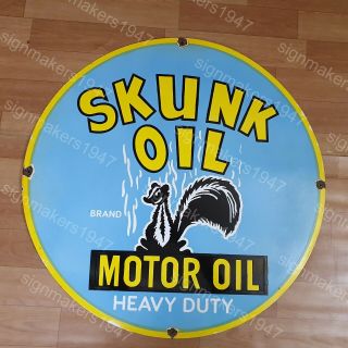 Skunk Oil Porcelain Enamel Sign 30 Inches Round