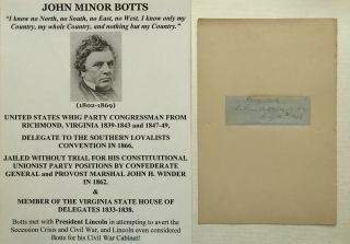 Civil War Confederate Prison Jail Unionist Congressman Va Botts Autograph Signed