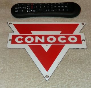 Vintage Conoco Gas Red Triangle 10 " Porcelain Metal Gasoline Oil Pump Plate Sign