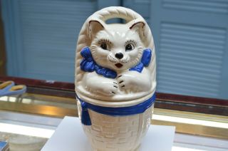 Vintage Cookie Jar American Pottery Bisque Cat In A Basket