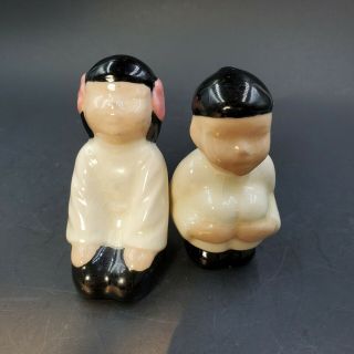Vtg Oriental Asian Chineese Porcelain Figurines Boy Crouching Girl Kneeling