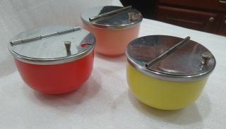 3 Vintage Memco Flip Top Sugar Bowls Pink - Yellow - Red