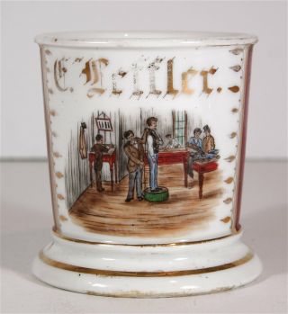 Ca1900 Hand Painted Occupational Shaving Mug Tailor And Interior Of Tailors Shop