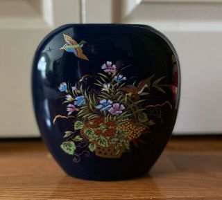 Vintage Blue Japanese Porcelain Vase With Ikebana Flower Arrangement