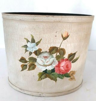 Vtg Hand Painted Waste Basket Wood Trash Can Container Floral Roses Shabby 10 "