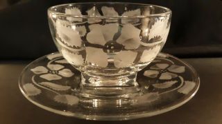 Vintage Frank Oda Art Style Flower Etched Glass Condiment Opensugar Bowl Saucer