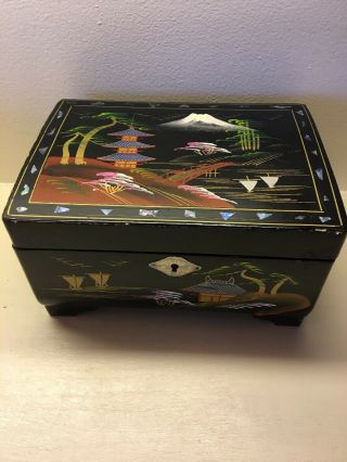 Vintage 8.  5 X 6 X 4.  5 Jewelry Box Laquer Chinese Music Box Hand Painted
