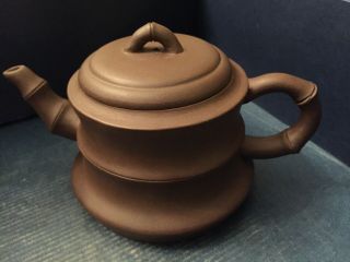 Chinese Brown Clay Teapot With Bamboo Motif - Signed With Chops Marks
