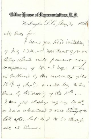 Civil War Edward Mcpherson U.  S.  Congress Autograph Letter 1864 Maine Defenses