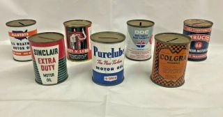 7 Vintage Miniature Oil Can Coin Banks - Rare Originals From The 1950 