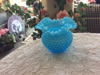 5 " Vintage Fenton Blue Hobnail Ruffled Rose Bowl Opalescent Turquoise Aque Vase