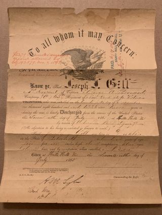 Civil War Eagle Discharge,  Joseph J.  Gill,  65th York Infantry,  Virginia