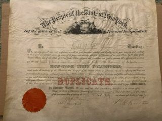 1865 Vellum Commission,  Joseph J.  Gill,  65th York Inf. ,  Signed By Governor